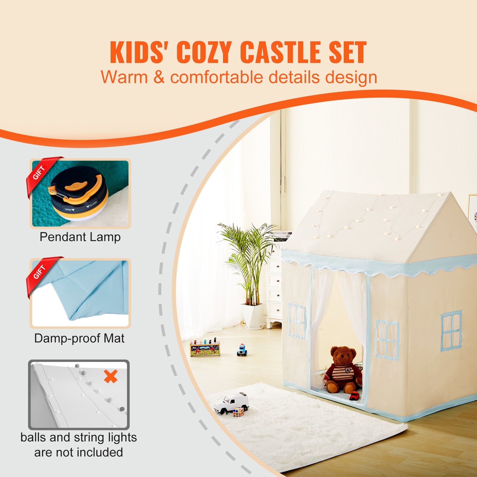 Beige Kids Play Tent Castle With Mat And Lamp For Indoor Outdoor_voghion.com